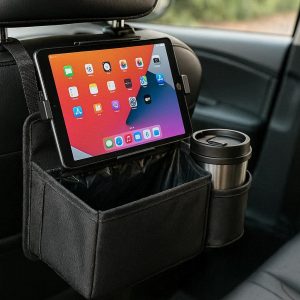 Backseat Car Trash Bag with Cup Holder and Tablet Mount Combo